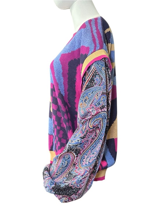 Golden by Goldie Boutique Pink Woven Contrast Print Balloon Sleeve Sweater Small - Picture 4 of 8